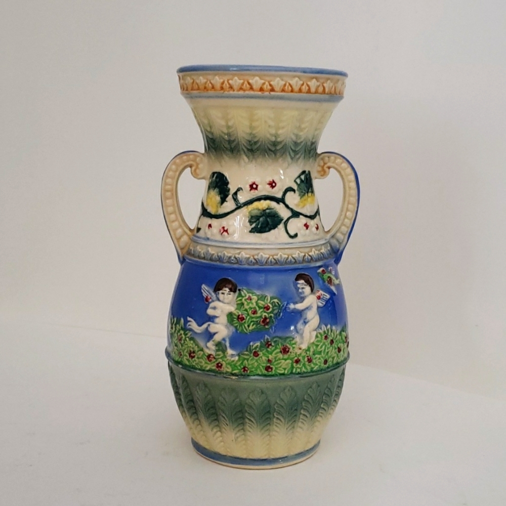 VTG Majolica Handled Vase 9 1/2" Raised Cherubs Floral Art Nouveau Design Japan